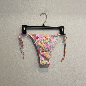 Pink yellow and blue floral smocked side tie cheeky bikini bottoms